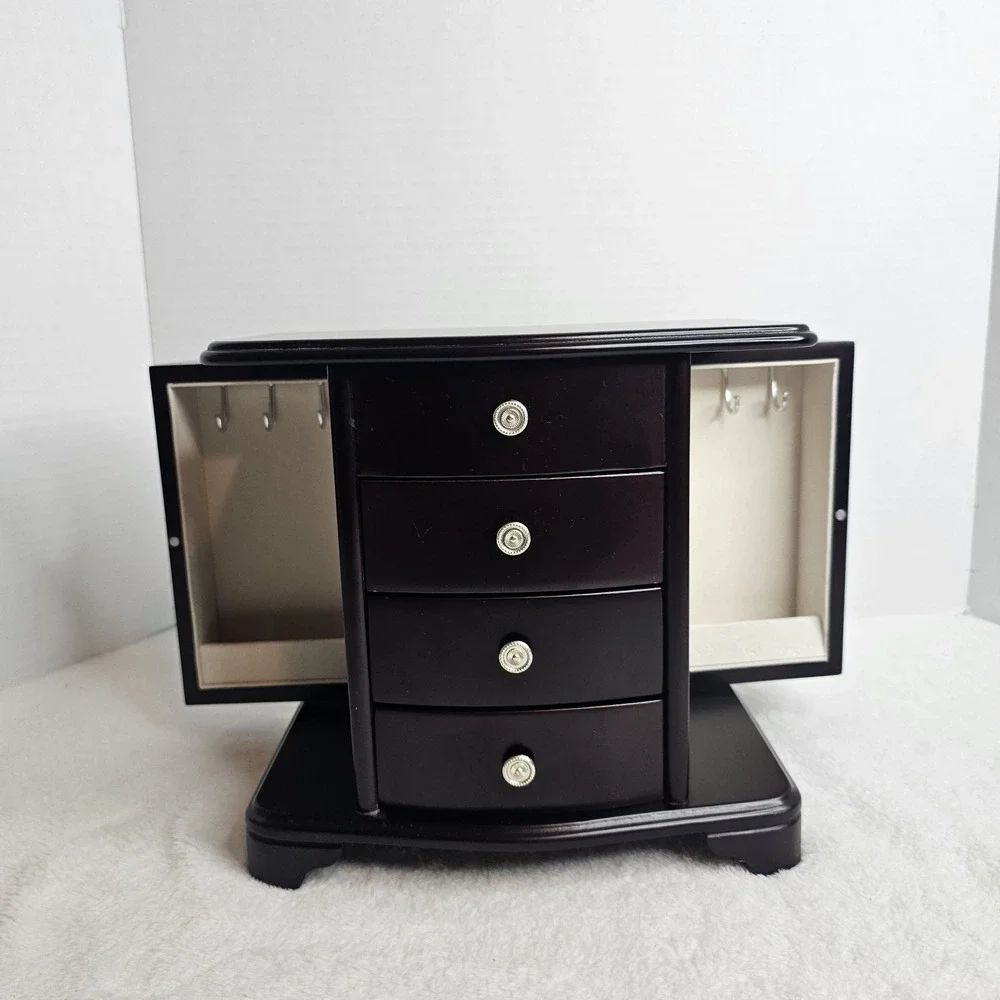 Brown Wooden Jewelry Box with Mirror, Velvet Lining, Drawers, Hooks for Jewelry